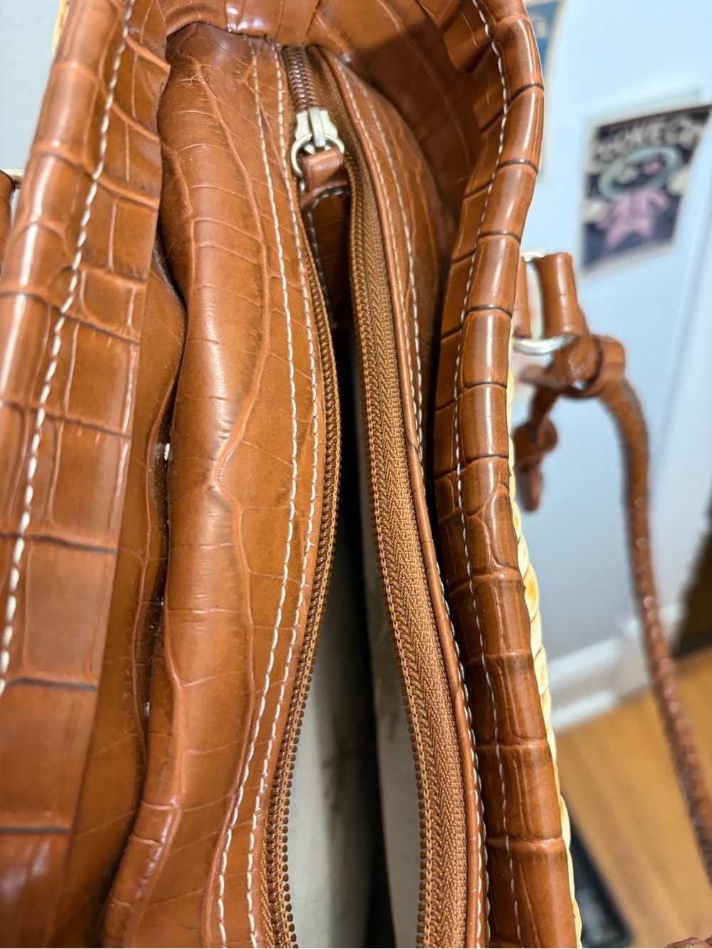 Woven Straw Tote with Brown Leather Trim and Heart Accent - Picture 5 of 5